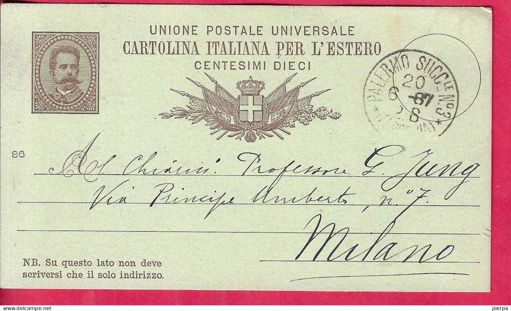 INTERO CARTOLINA POSTALE UMBERTO (INT. 9B/86) DA "PALERMO SUCC.le N°3 *20.6.87*/(FERROVIA)" PER MILANO - Stamped Stationery