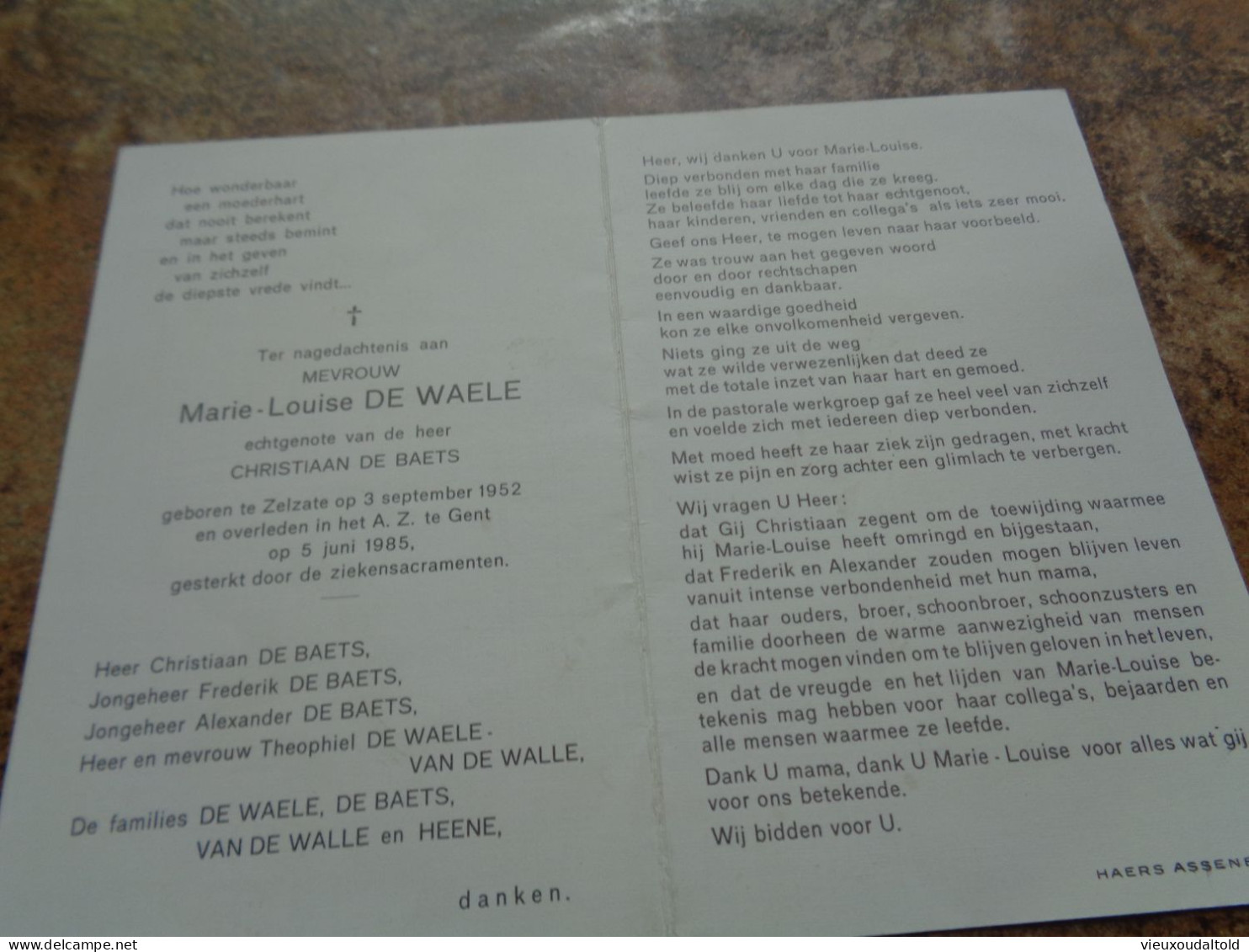 Doodsprentje/Bidprentje   Marie-Louise DE WAELE  Zelzate 1952-1985 Gent  (Echtg Christiaan DE BAETS) - Godsdienst & Esoterisme