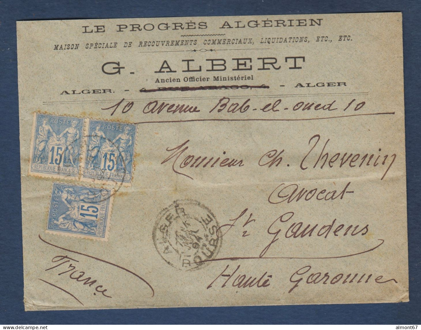 3 15c Sage Sur Enveloppe D' Alger - 1876-1898 Sage (Type II)