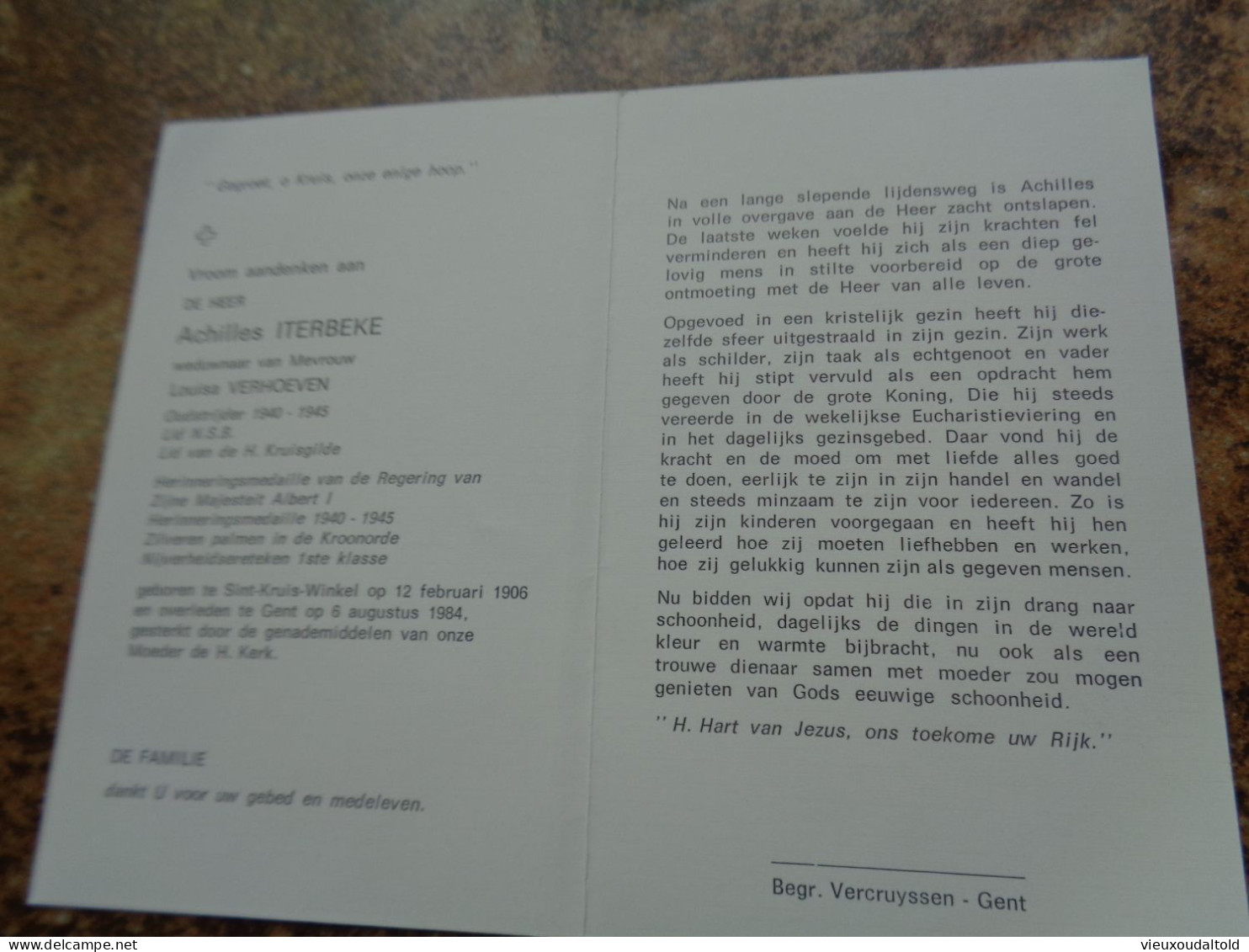 Doodsprentje/Bidprentje   Achilles ITERBEKE   St Kruis Winkel 1906-1984 Gent  (Wdr Louisa VERHOEVEN) - Godsdienst & Esoterisme