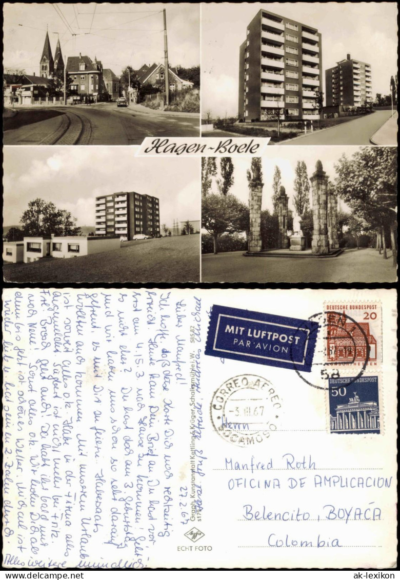 Boele Hagen (Westfalen) Hochhäuser, Straßen 1967  Gel. Luftpost Kolumbien - Hagen