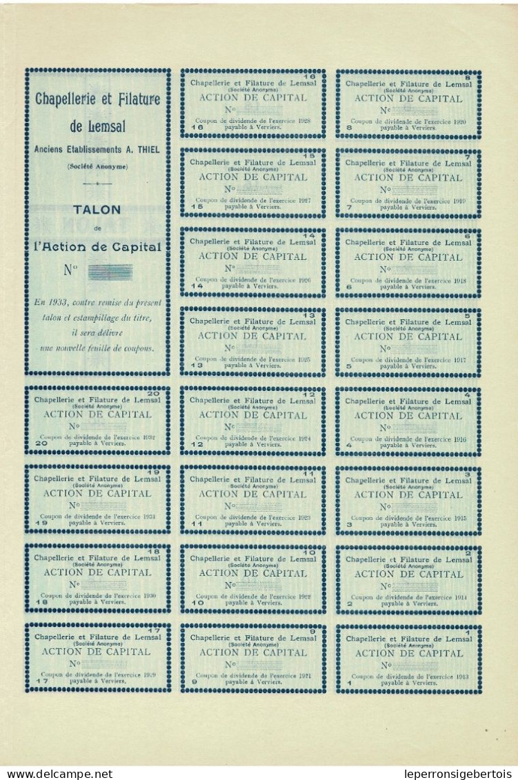 Titre De 1913 - Chapellerie & Filature De Lemsal -Anciens Ets A. Thiel - Blanco - EF - Russland