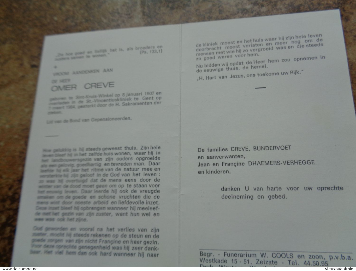Doodsprentje/Bidprentje   OMER CREVE   St Kruis Winkel 1907-1984 Gent - Religion & Esotérisme