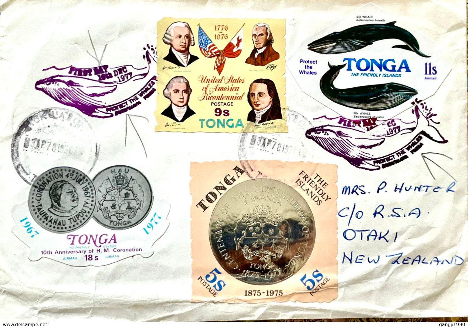 TONGA TO NEW ZEALAND 1978, COVER USED, PROTECT WHALES PICTURE CACHET, 4 DIFF ODD SHAPE STAMP, CORONATION 1976 USA BICENT - Tonga (1970-...)