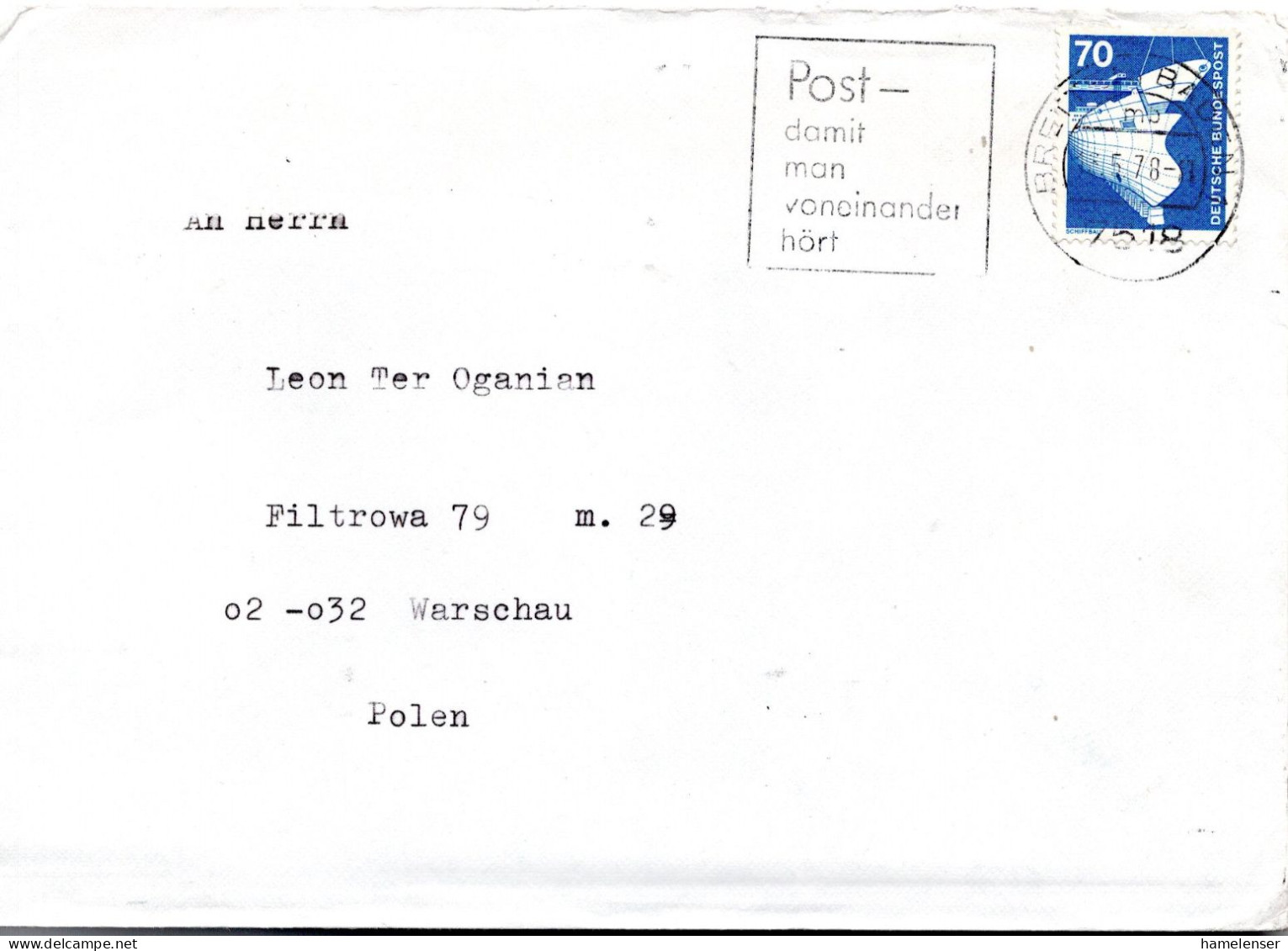 78260 - Bund - 1978 - 70Pfg I&T EF A Bf BRETTEN -> WARSZAWA (Polen) - Covers & Documents