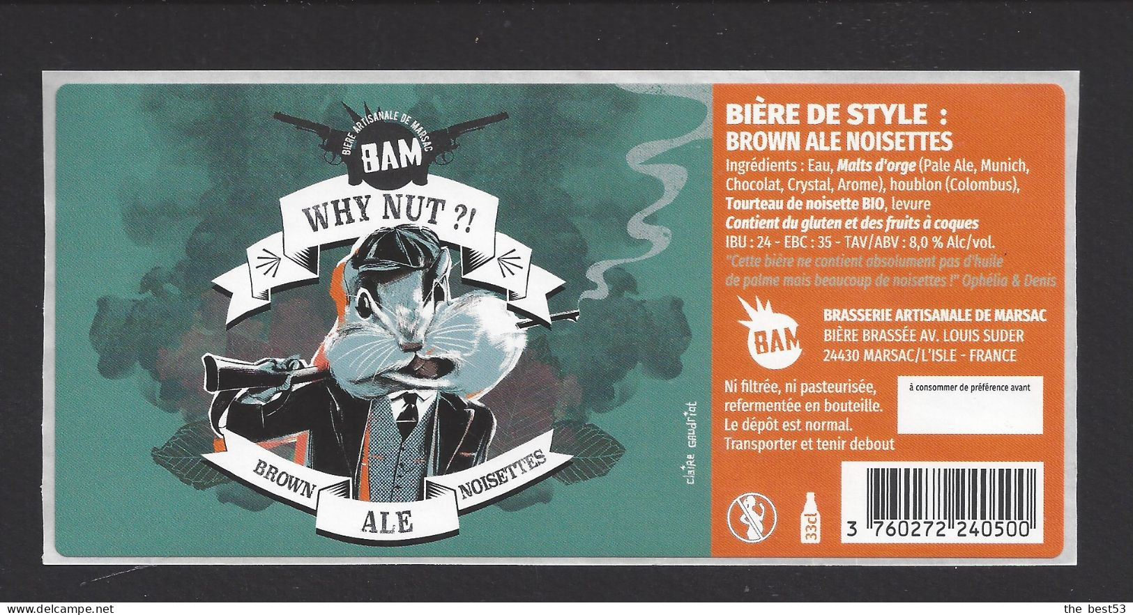 Etiquette De Bière Brown Ale Noisettes -  Why Nut ?!  -   Brasserie BAM  à Marsac/L'Isle  (24) - Beer