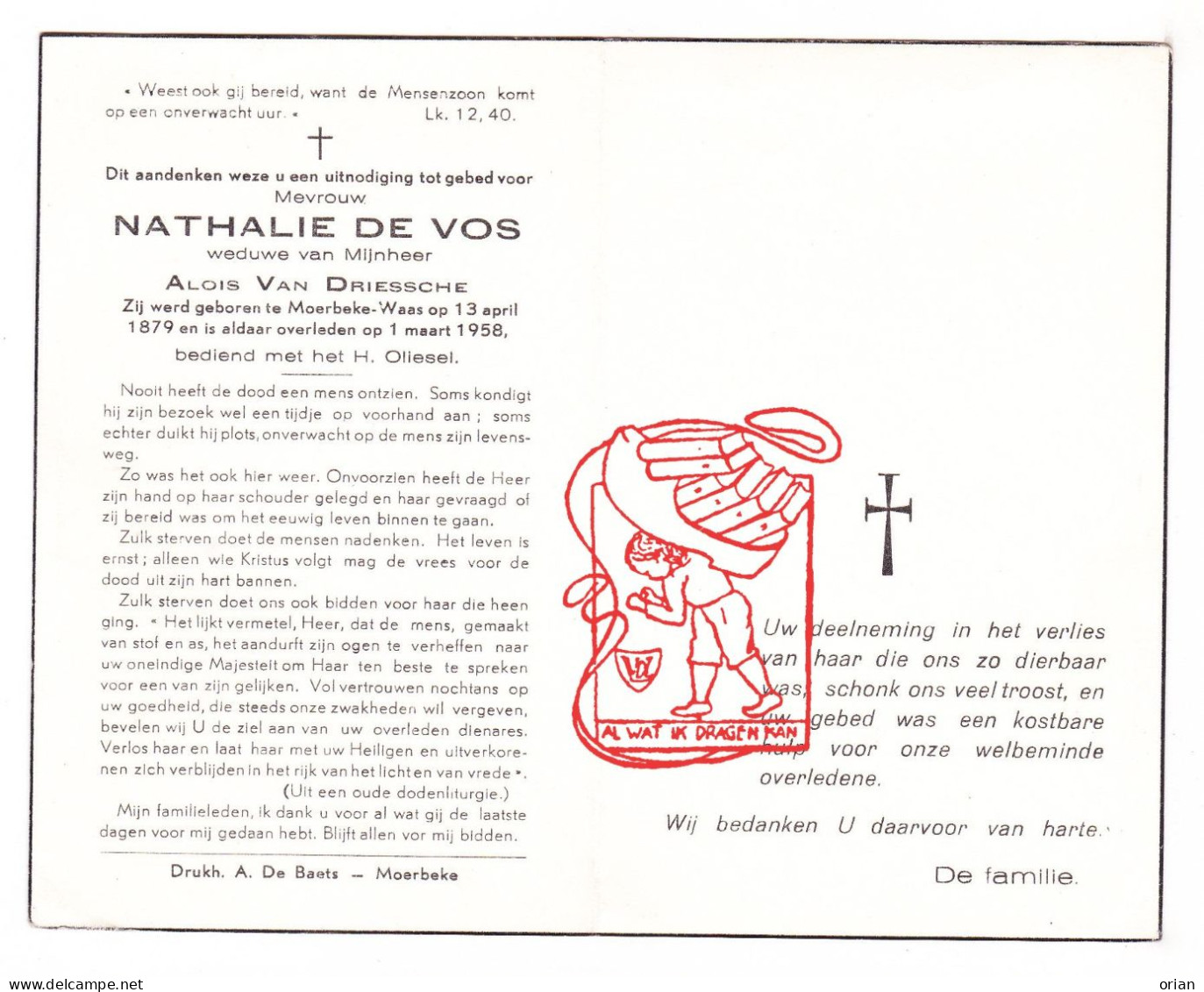 DP Nathalie De Vos ° Moerbeke Waas 1879 † 1958 X Alois Van Driessche - Devotion Images