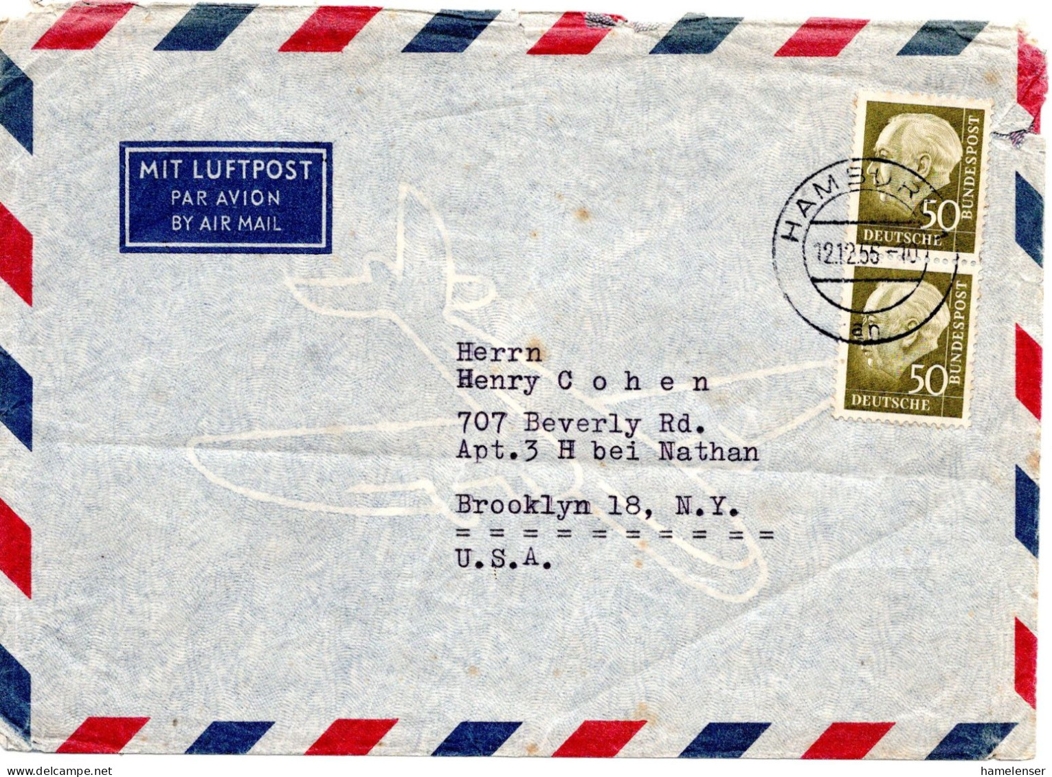 78262 - Bund - 1956 - 2@50Pfg Heuss II A LpBf HAMBURG -> New York, NY (USA) - Covers & Documents