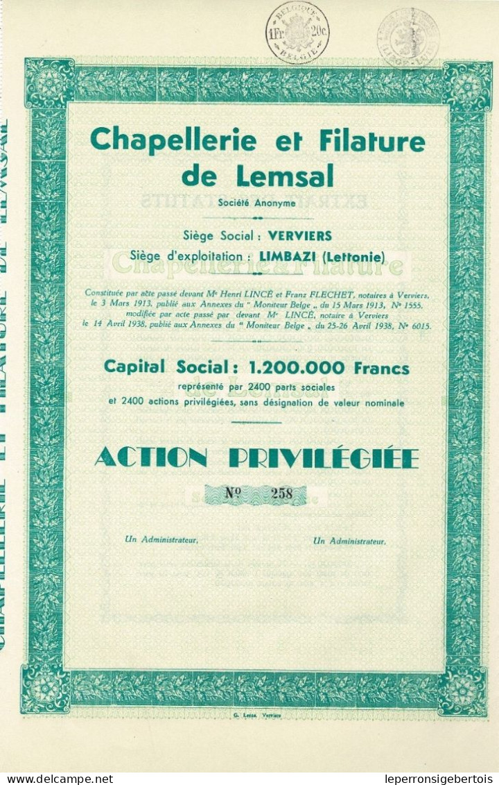Titre De 1938 - Chapellerie & Filature De Lemsal - Anciens Ets A. Thiel - Blanco - EF - Russland