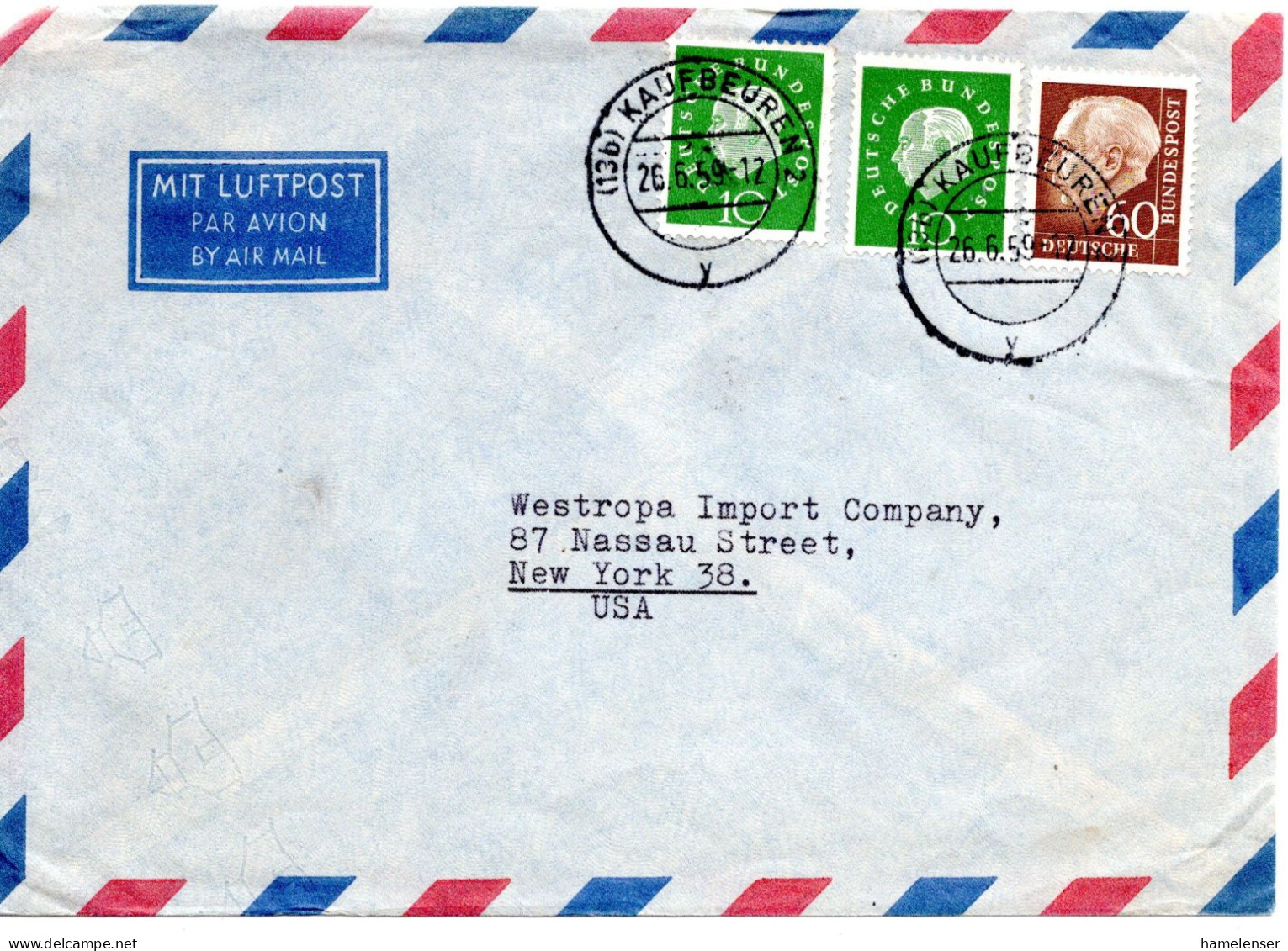 78263 - Bund - 1959 - 60Pfg Heuss II MiF A LpBf HAMBURG -> New York, NY (USA) - Lettres & Documents