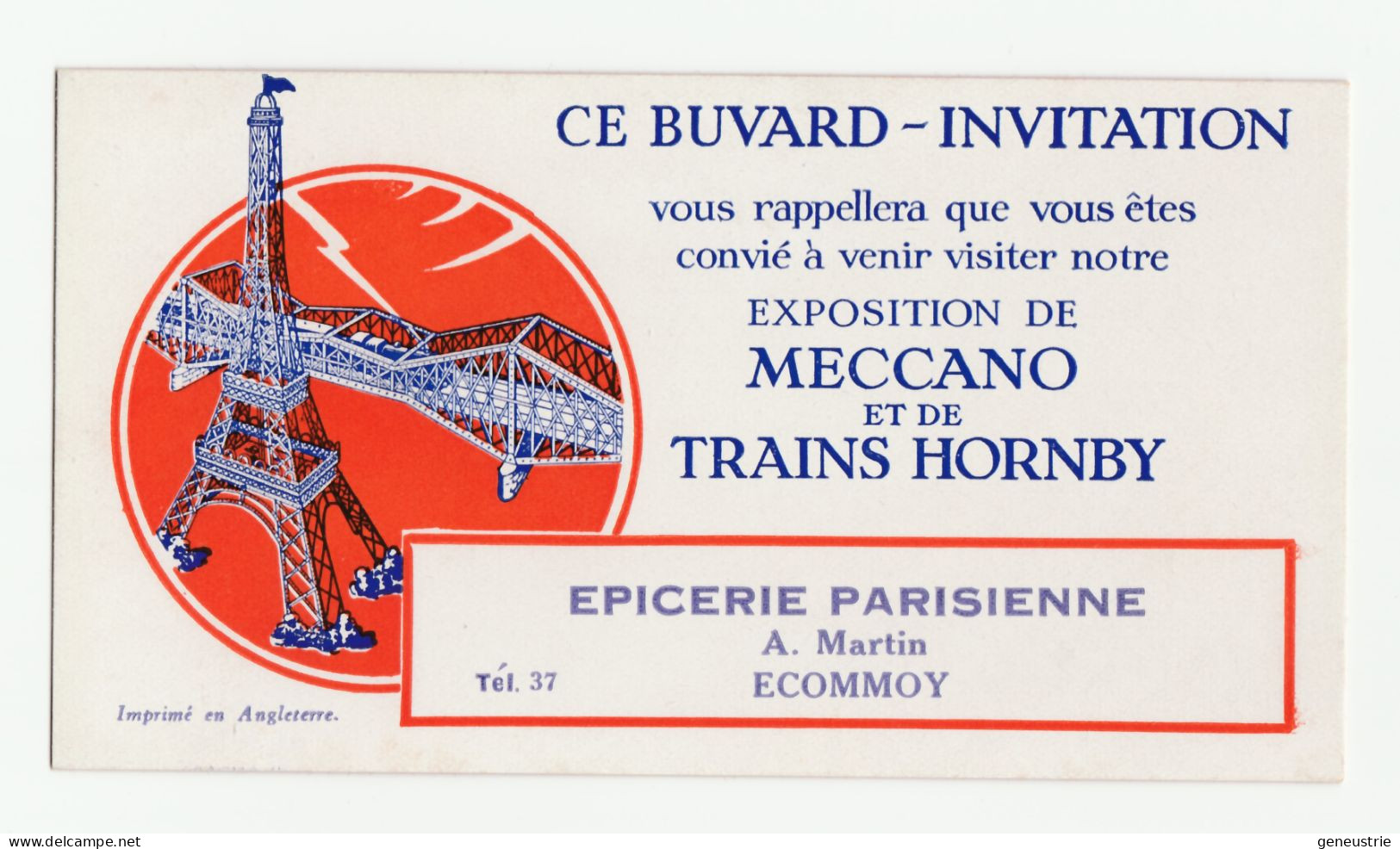 Buvard Publicitaire "Exposition Meccano Et Trains Hornby - Epicerie Parisienne A. Martin à Ecommoy (Sarthe)" - Otros & Sin Clasificación