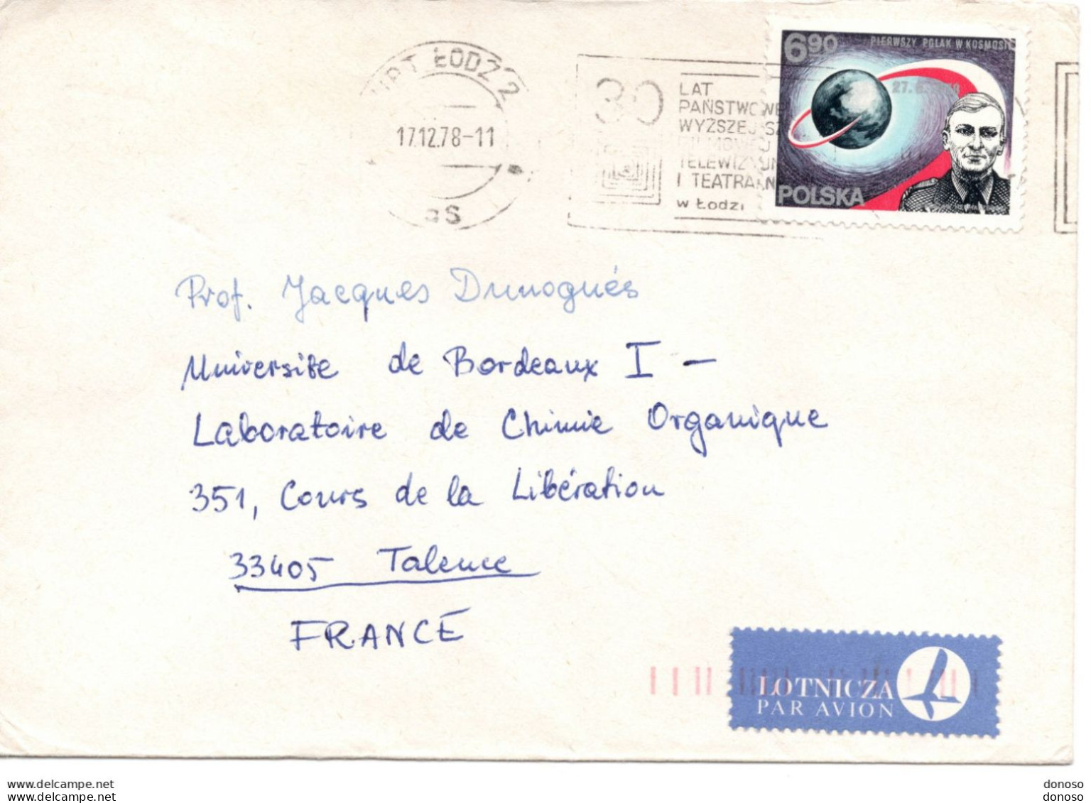 1978 Lettre Par Avion De Lodz Pour Faculté Des Sciences De Bordeaux Timbre Espace - Lettres & Documents