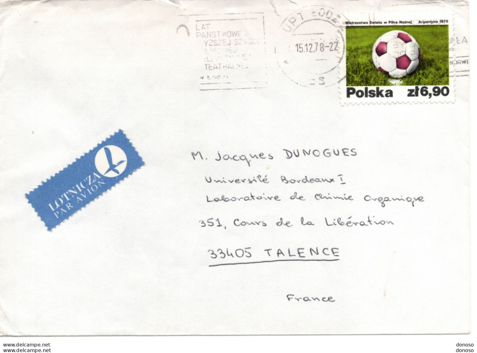 1978 Lettre Par Avion De Lodz Pour Faculté Des Sciences De Bordeaux Timbre  Football - Briefe U. Dokumente