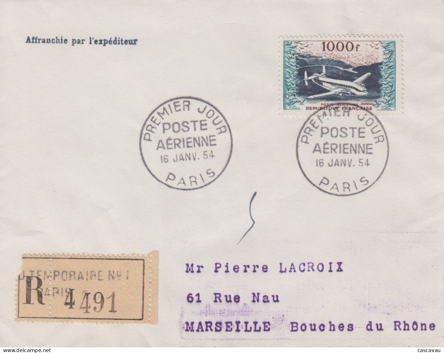 Enveloppe  Recommandée   FDC  Oblitération   1er  Jour   FRANCE     POSTE  AERIENNE    1954 - 1950-1959