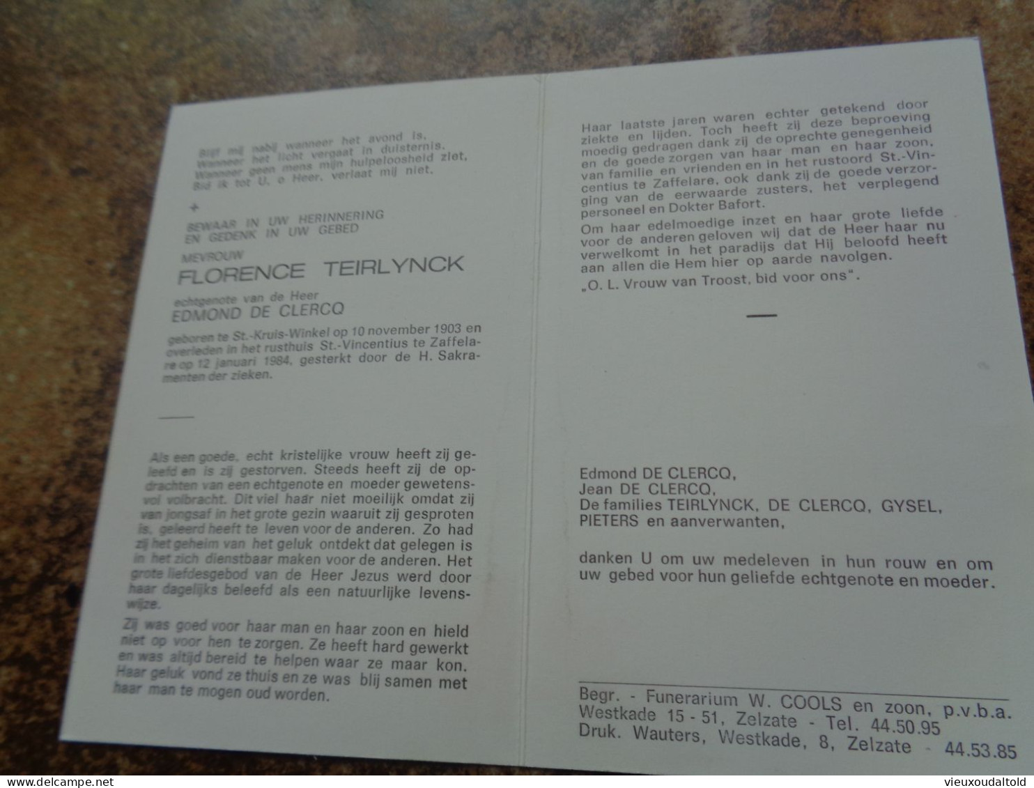 Doodsprentje/Bidprentje  FLORENCE TEIRLYNCK   St Kruis Winkel 1903-1984 Zaffelare (Echtg Edmond DE CLERCQ) - Religion & Esotérisme