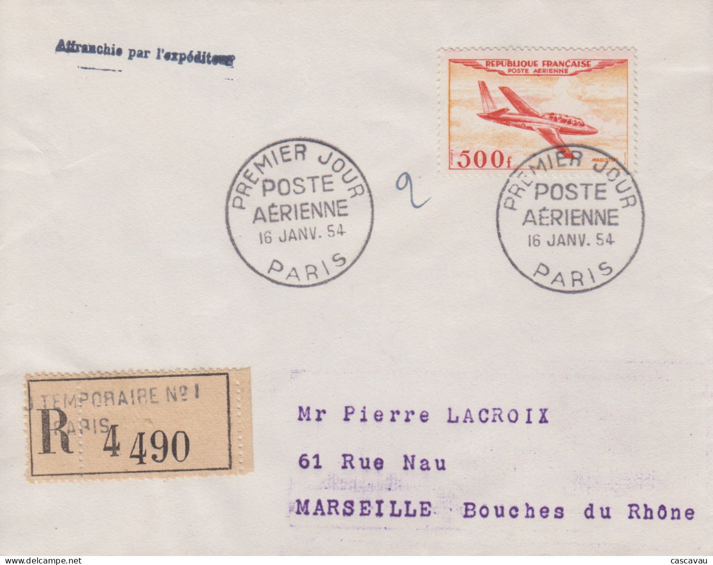 Enveloppe  Recommandée   FDC  Oblitération   1er  Jour   FRANCE     POSTE  AERIENNE    1954 - 1950-1959