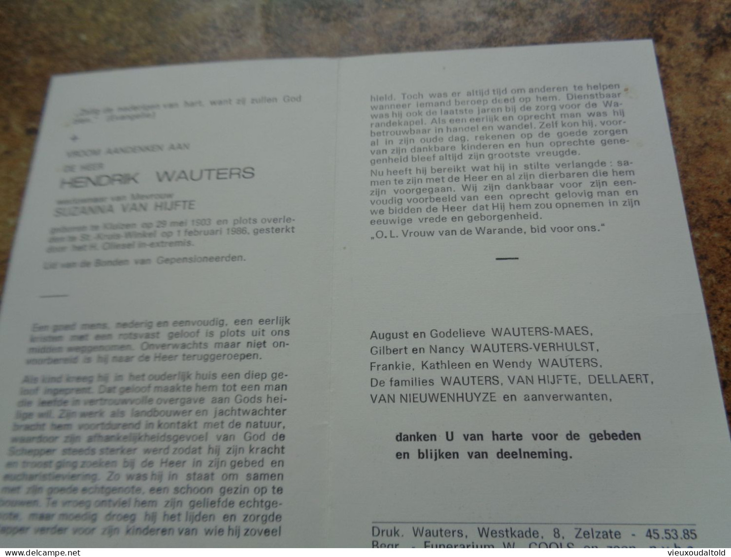 Doodsprentje/Bidprentje  HENDRIK WAUTERS   Kluizen 1903-1986 St Kruis Winkel  (Wdr Suzanna VAN HIJFTE) - Religion & Esotérisme