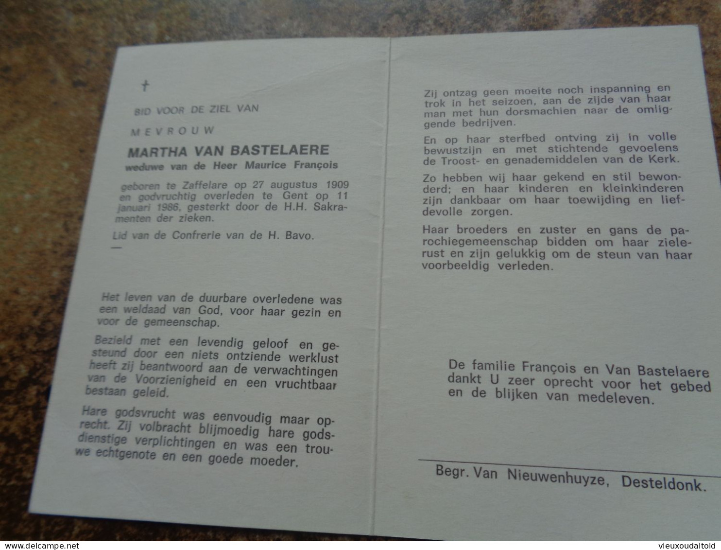 Doodsprentje/Bidprentje  MARTHA VAN BASTELAERE   Zaffelare 1909-1986 Gent  (Wwe Maurice François) - Religion & Esotérisme
