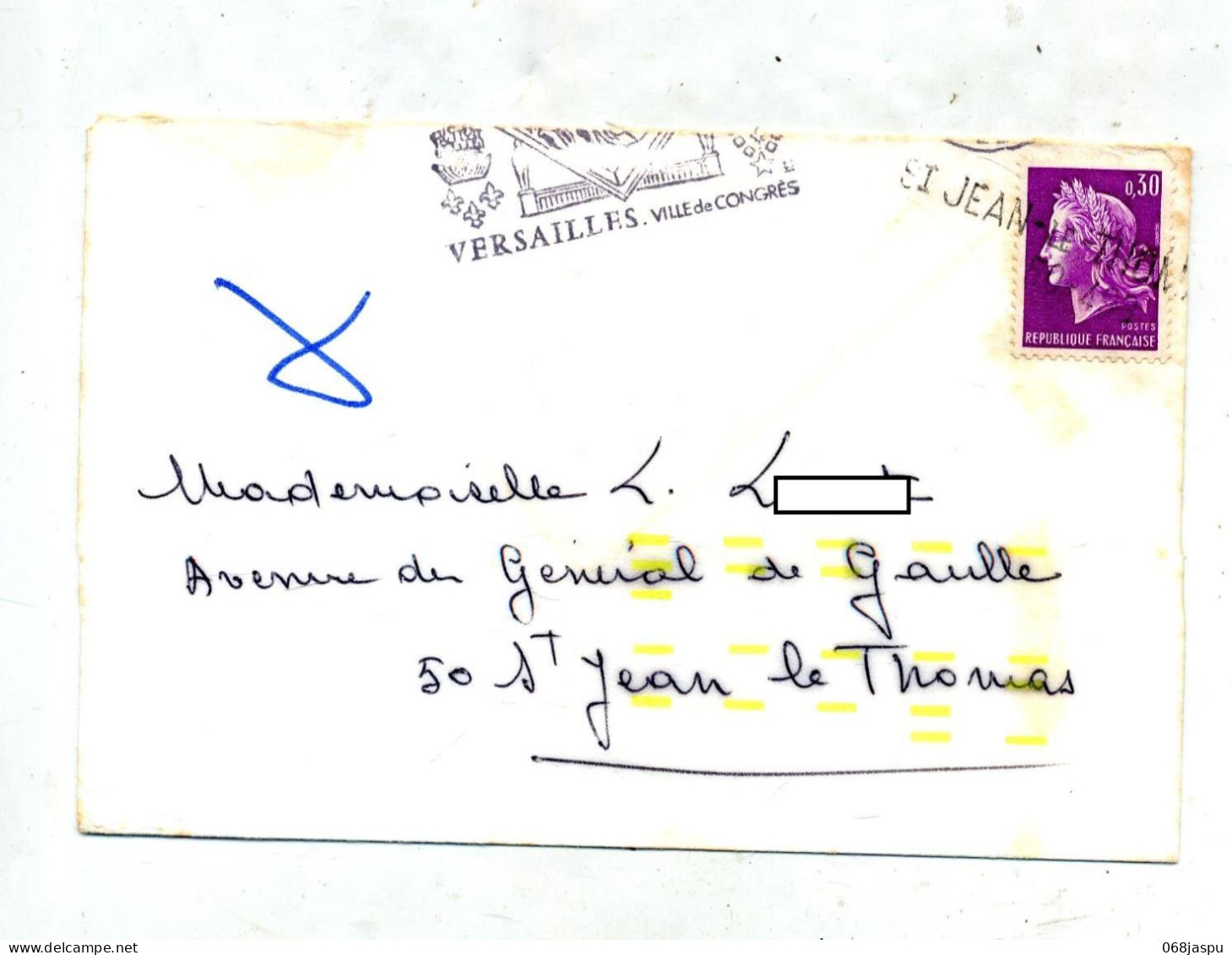 Lettre Cachet Annulation Saint Jean  Le Thomas Debut Flamme Versailles Index Tri Jaune - Manual Postmarks