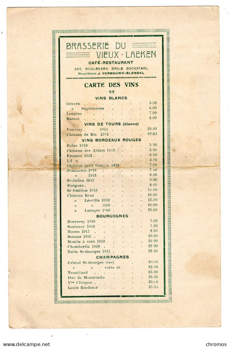 Carte Menu, Chromo Pour Champagne Veuve Cliquot, Reims, 16 X 24 Cm, Brasserie à Laeken - Menus