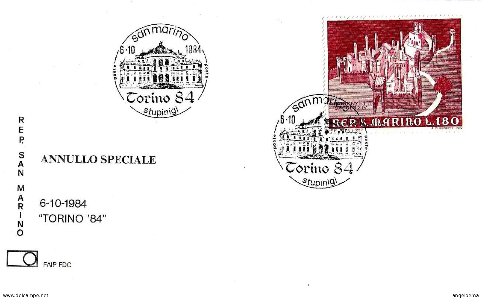 SAN MARINO - 1984 1^ Mostra Filatelica Regionale TORINO (Palazzina Di Caccia Di Stupinigi) Su Busta Faip - 10280 - Altri & Non Classificati