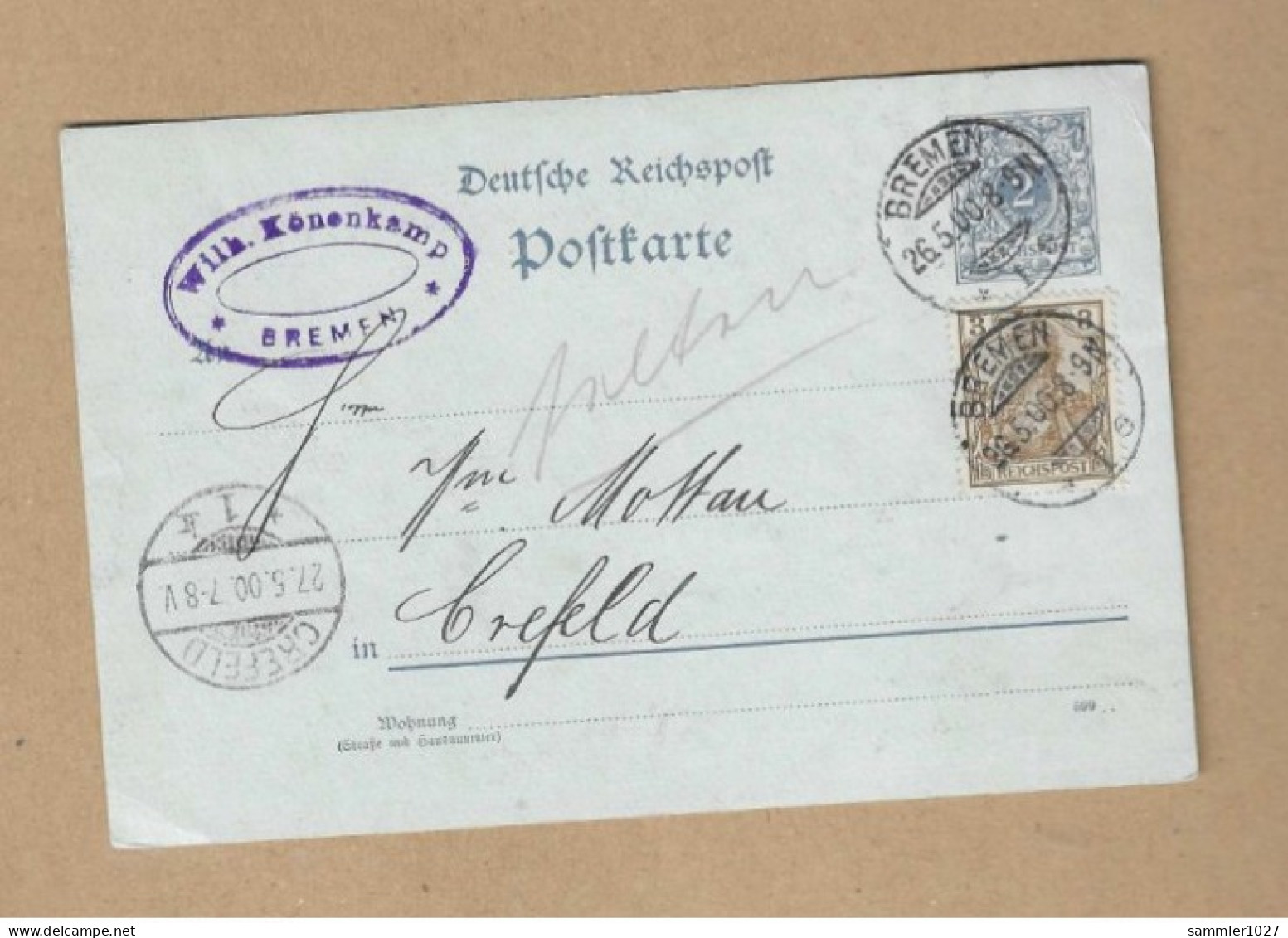 Los Vom 05.05  Ganzsache-Postkarte Aus Bremen Nach Krefeld  1900 - Lettres & Documents