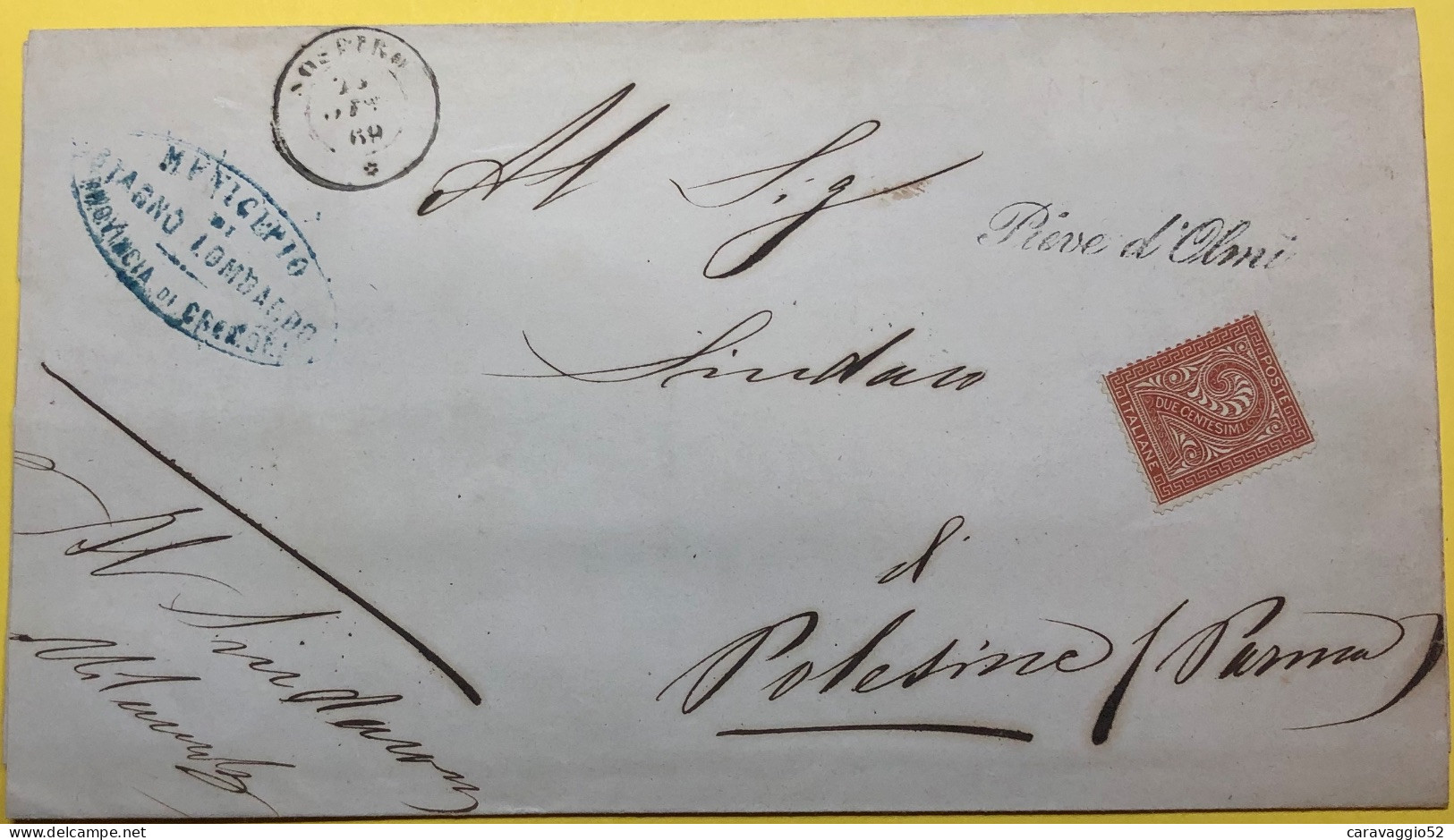 1868 PIEVE D’OLMI CORSIVO DI COLLETTORIA CON 2 CENT TO NON ANNULLATO X POLESINE - Poststempel