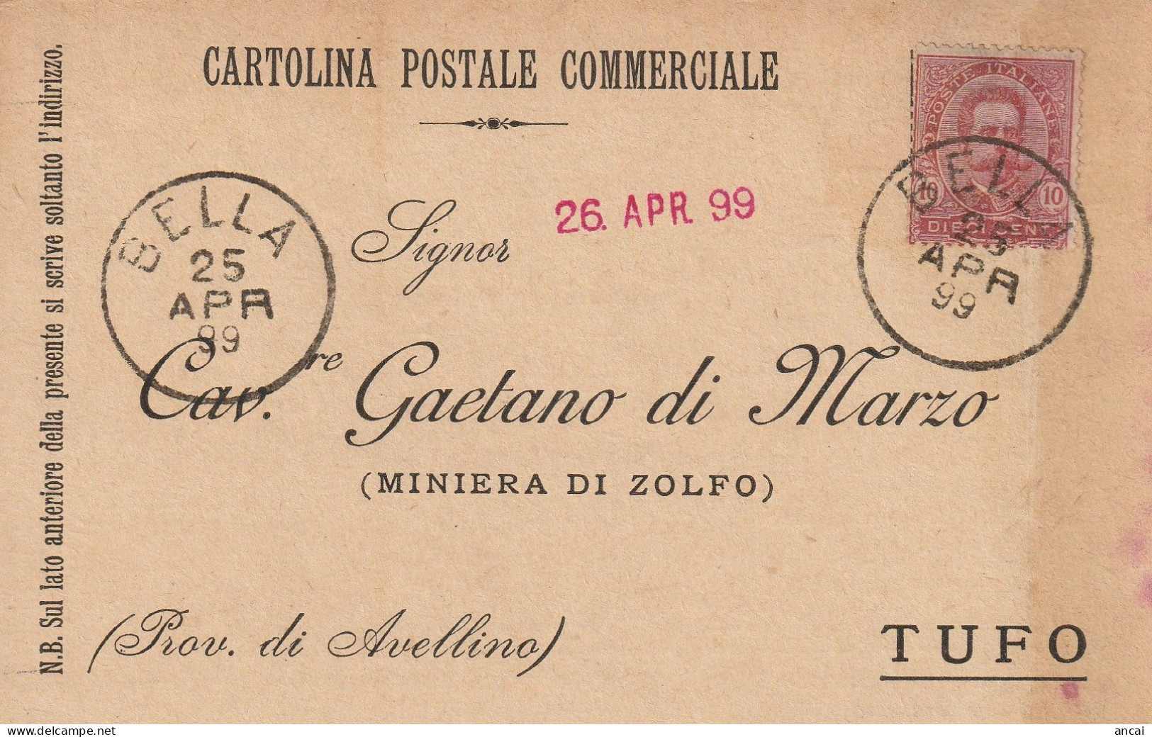 Italy. A210. Bella. 1899. Annullo Grande Cerchio BELLA, Su Cartolina Postale Commerciale - Storia Postale