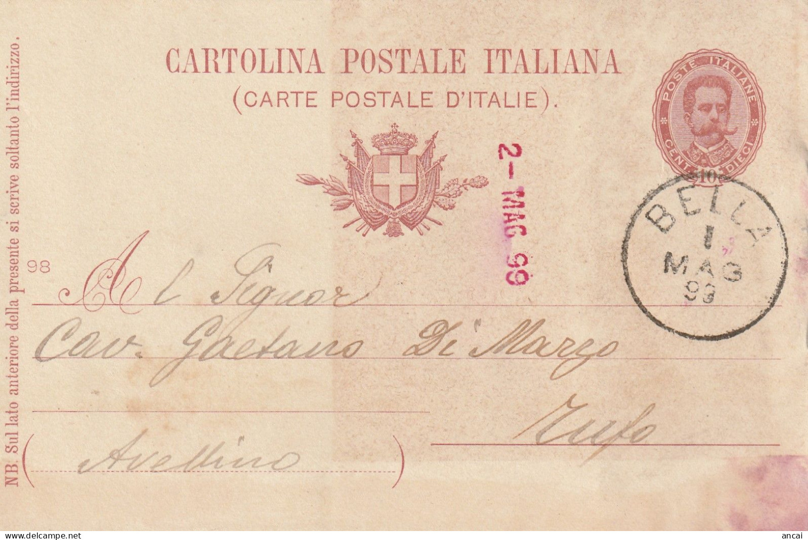 Italy. A210. Bella. 1899. Annullo Grande Cerchio BELLA, Su Cartolina Postale - Storia Postale