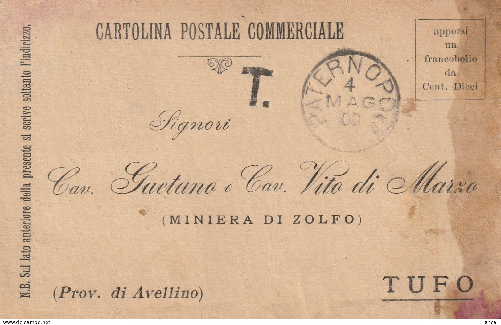 Italy. A210. Paternopoli. 1900. Annullo Grande Cerchio PATERNOPOLI, Su Cartolina Postale, Non Affrancata. TASSATA - Marcofilía