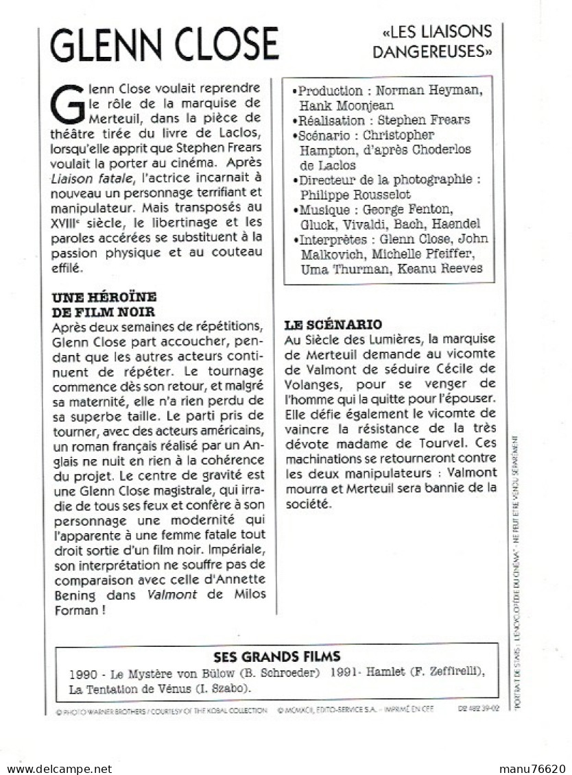 Ref 2 - Photo L'encyclopédie Du Cinéma : Glenn Close  - Etats-Unis . - Europe