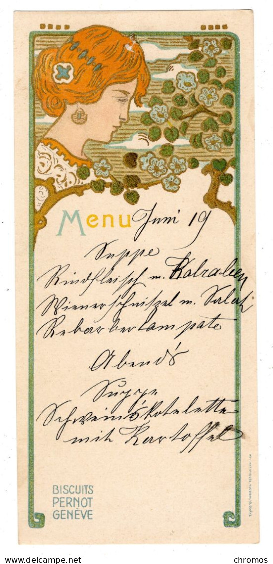 Rare Carte Menu, Chromo Pour Biscuits Pernot à Génève (!), Art Nouveau, 10 X 22 Cm - Menus