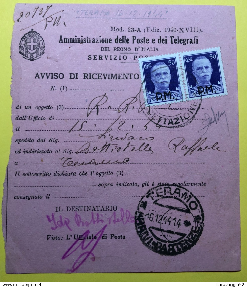 1944 TERAMO RIC RITORNO CON 50 CENT P.M.  COPPIA - Poststempel