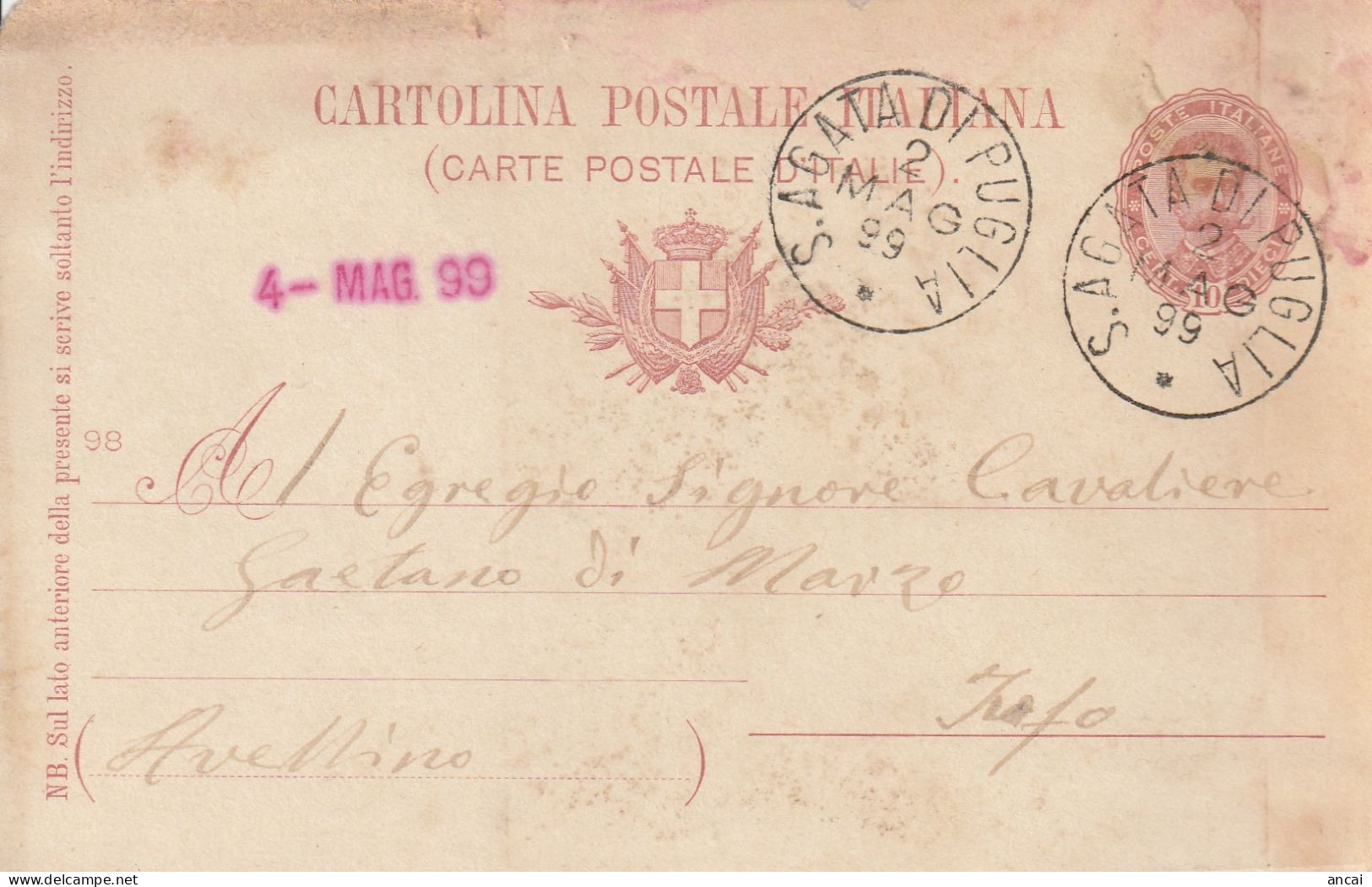 Italy. A210. S. Agata Di Puglia. 1899. Annullo Grande Cerchio S. AGATA DI PUGLIA,  Su Cartolina Postale - Storia Postale