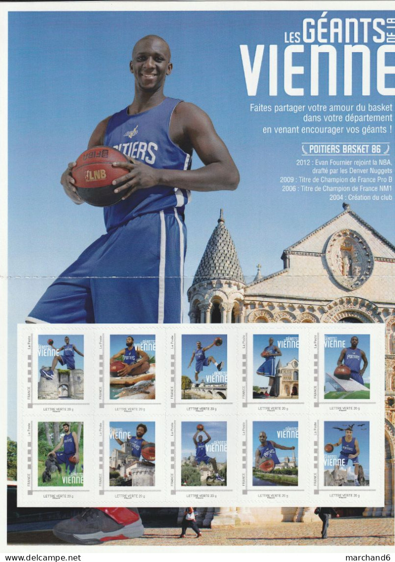 Feuillet Collector Poitiers Basket Les Géants De La Vienne France 2013 IDT L V 20gr 10 Timbres Autoadhésifs N°193 - Collectors