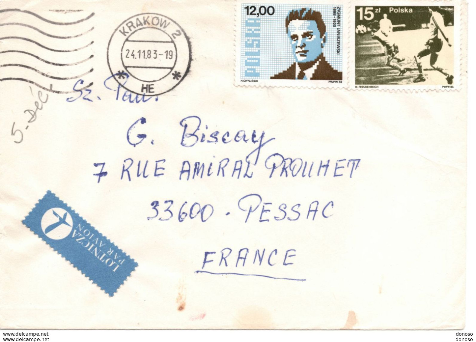 1982 Lettre Par Avion De Cracovie Pour Pessac - Cartas & Documentos