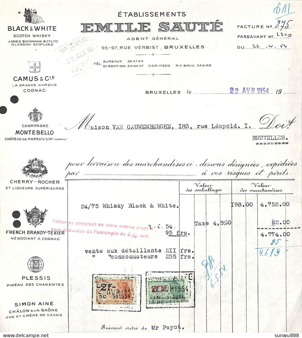 Bruxelles - Etabl. Emile Sauté 1954 Whisky Champagne ... - 1950 - ...