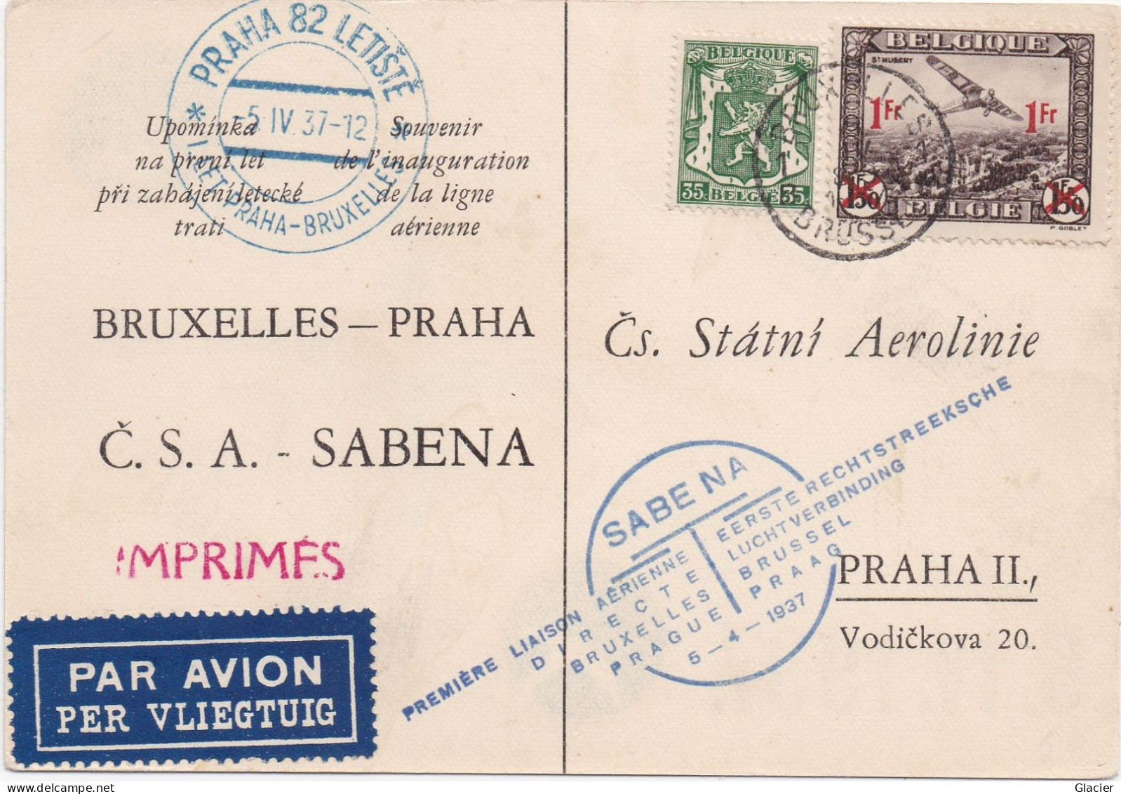 Sabena - Bruxelles-Praha - Liaison Aërienne 5-4-1937 - Č.S.A.-SABENA - Čs. Státni Aerolinie Praha II - Covers & Documents