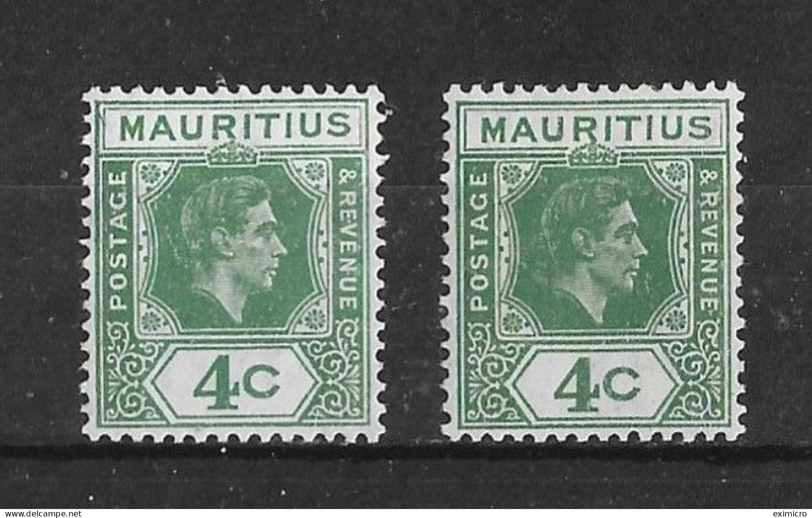 MAURITIUS 1943 4c DEEP DULL GREEN  "SLICED 'S' AT TOP" UNLISTED VARIETY WITH A NORMAL STAMP FOR COMPARISON MOUNTED MINT - Mauritius (...-1967)