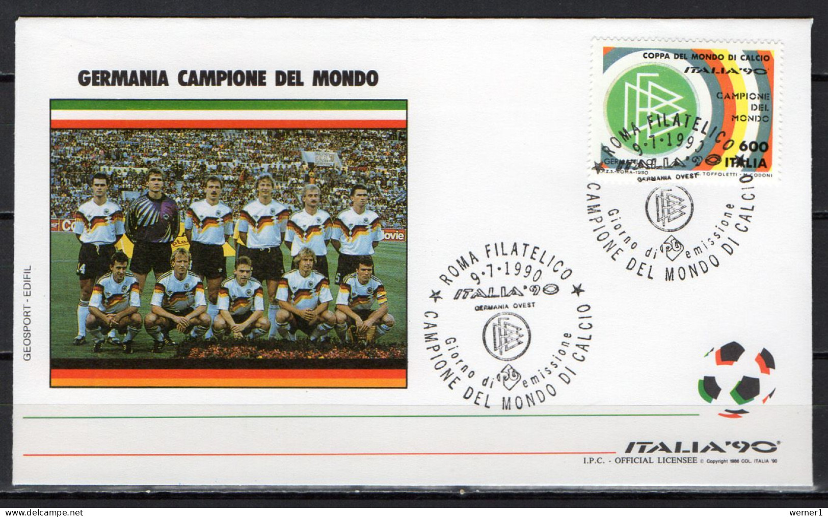 Italy 1990 Football Soccer World Cup Stamp On FDC (Germany World Cup Champion) - 1990 – Italy