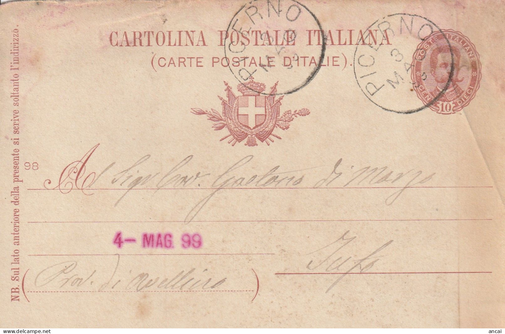 Italy. A210. Picerno. 1899. Annullo Grande Cerchio PICERNO, Su Cartolina Postale. - Marcophilia