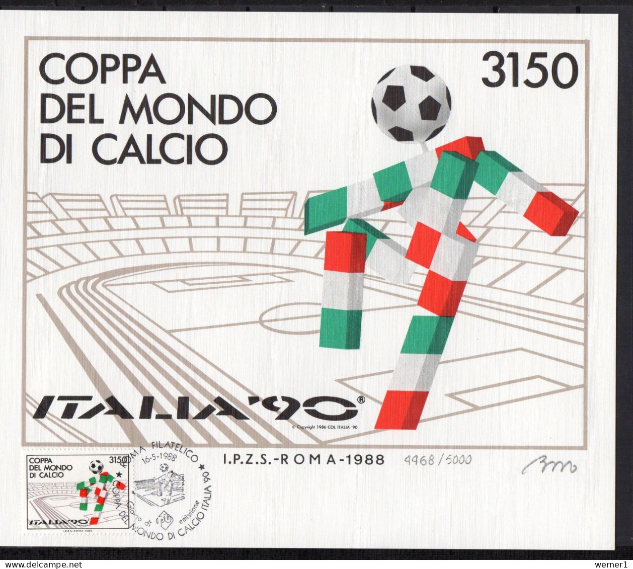 Italy 1988 Football Soccer World Cup Commemorative Print With Stamp And First Day Cancellation - 1990 – Italië