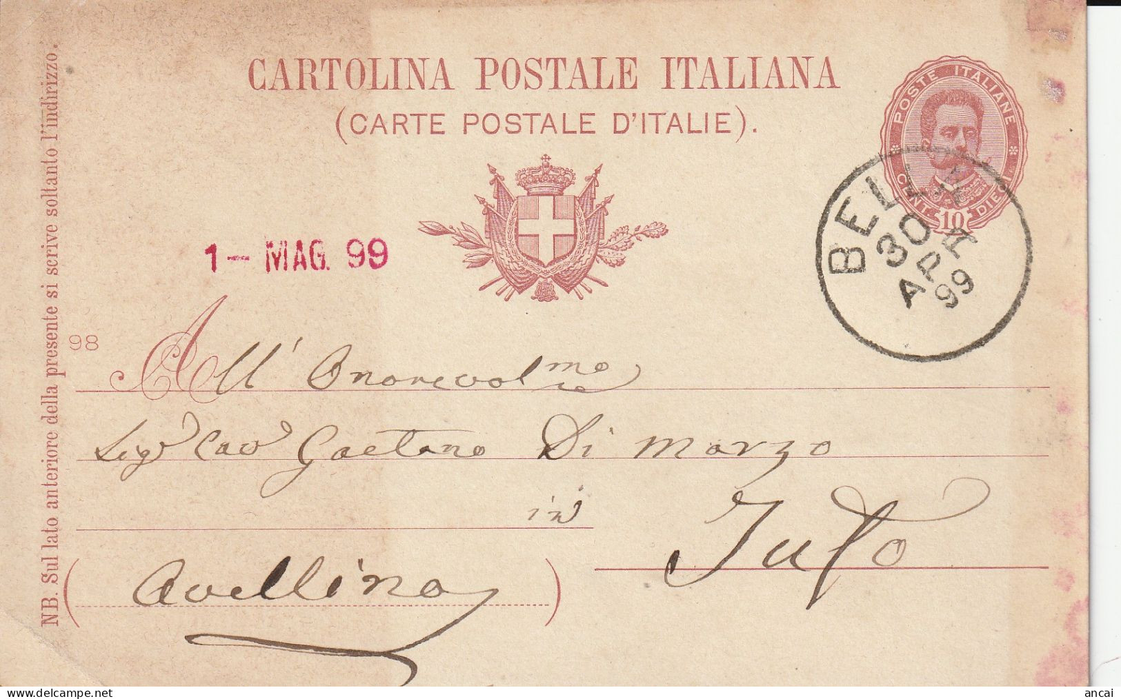 Italy. A210. Bella. 1899. Annullo Grande Cerchio BELLA, Su Cartolina Postale. - Marcofilía