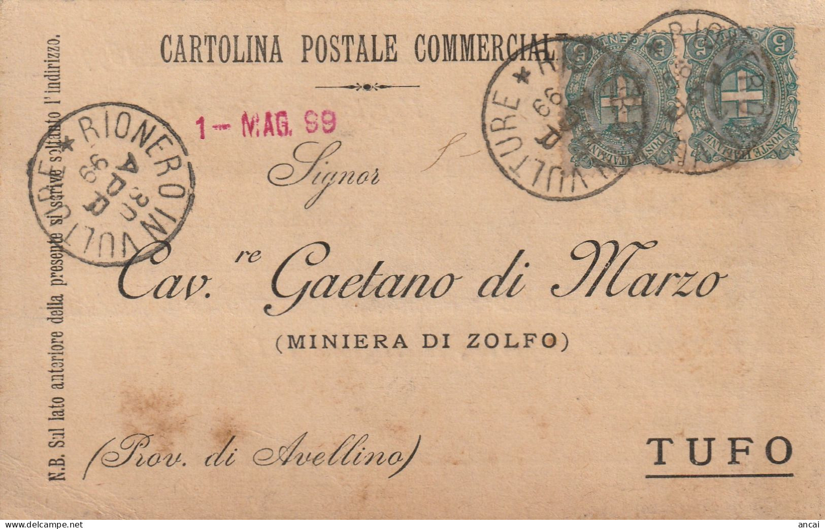 Italy. A210. Rionero In Vulture. 1899. Annullo Grande Cerchio RIONERO IN VULTURE, Su Cartolina Postale. - Marcofilía