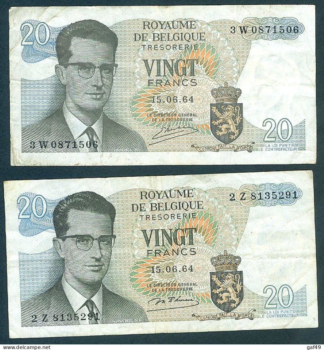 Belgique 2 Billets 20 Francs 15.06.64 Servi Bon état Signatures Différentes 2 Scans - Otros & Sin Clasificación