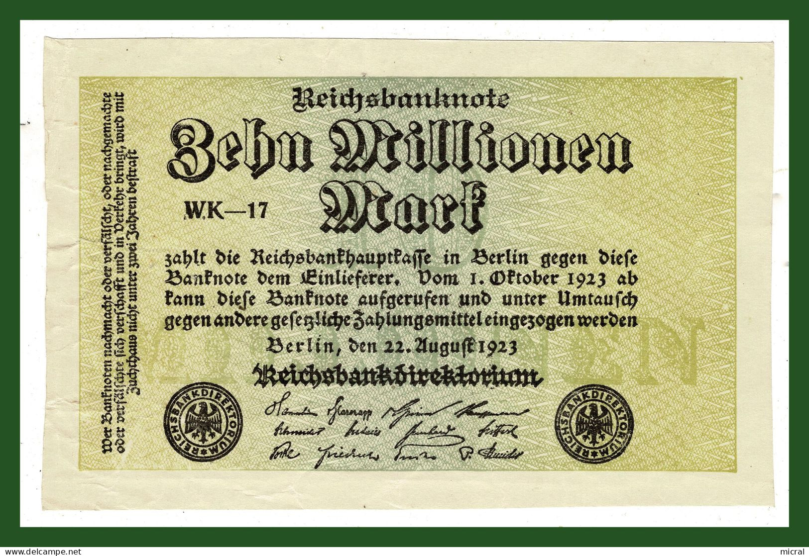 ALLEMAGNE - 10 Millons Mark - 1923 - Billet Sans N° - - A Identifier