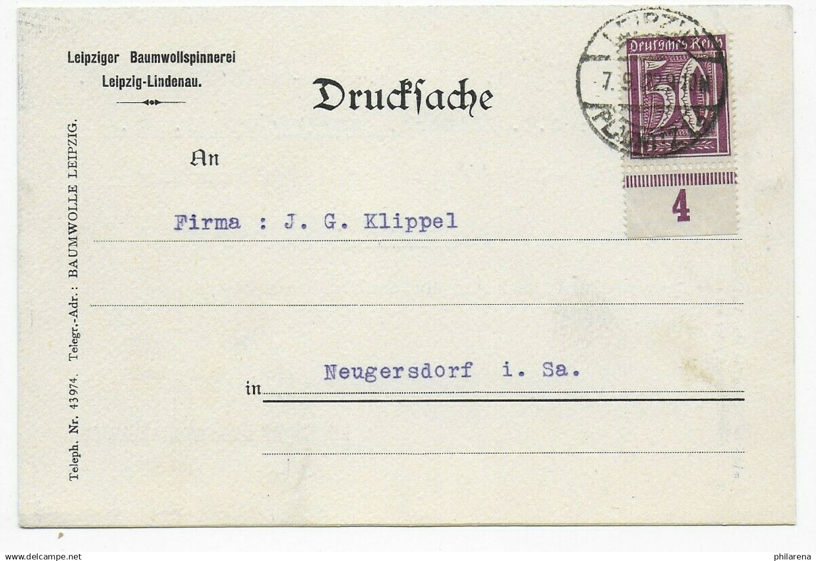 Drucksache Postkarte Leipzig, Unterrand Nach Neugersdorf, Baumwollspinnerei 1922 - Officials