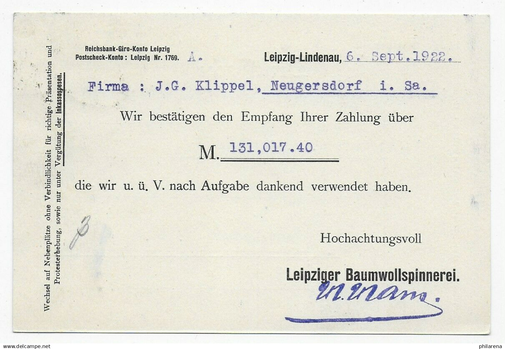 Drucksache Postkarte Leipzig, Unterrand Nach Neugersdorf, Baumwollspinnerei 1922 - Officials