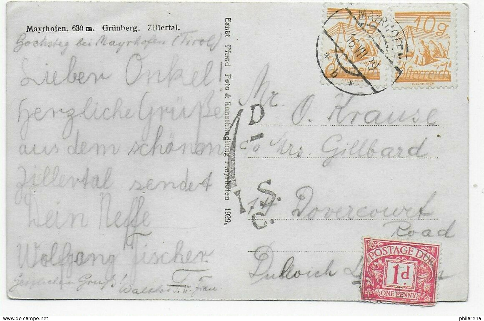 Ansichtskarte Mayrhofen, Grünberg, 1929 Mit Nachporto One Penny - Cartas & Documentos