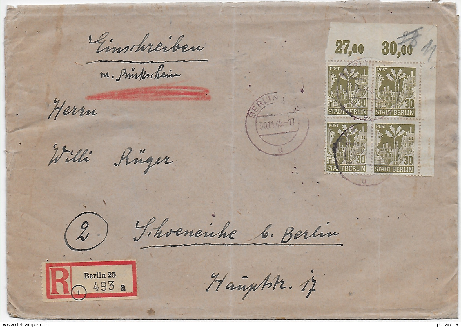 SBZ Einschreiben, Rückschein Berlin, 30.11.45 Nach Schöneiche, MeF, Eckrand - Lettres & Documents